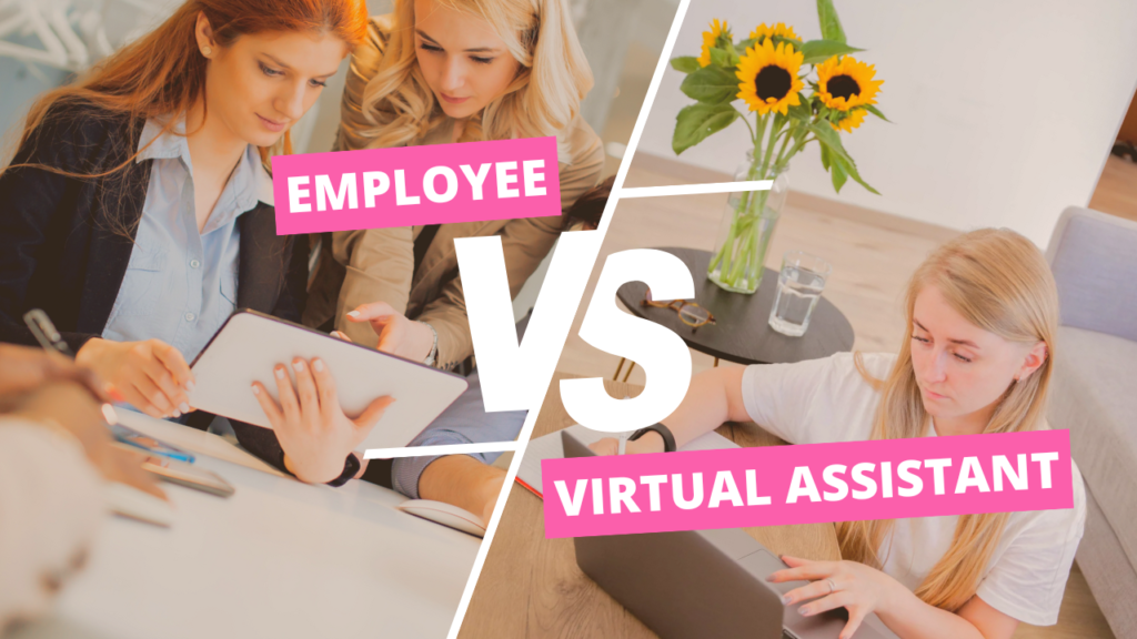 Split image showing two women discussing documents labeled "Employee" on the left and a woman working on a laptop labeled "Virtual Assistant" on the right.